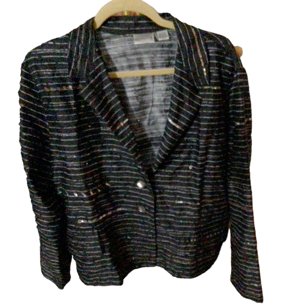Chico’s, sz 2, black silk jacket with silver/copper like metallic accents